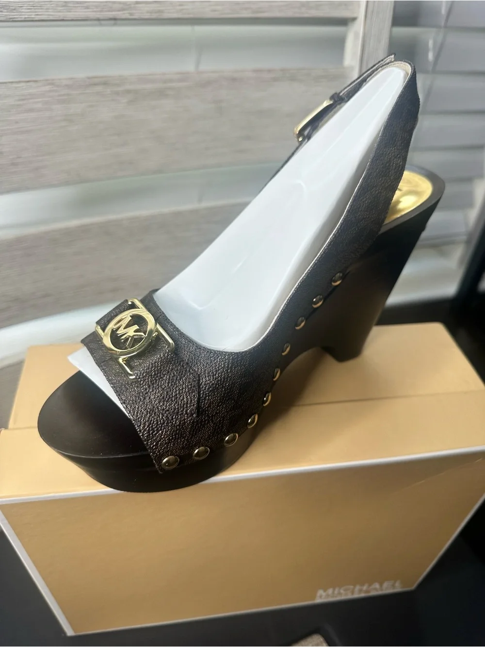 Michael Kors Brown Logo Studded Platform Wedge Sandals Size 9